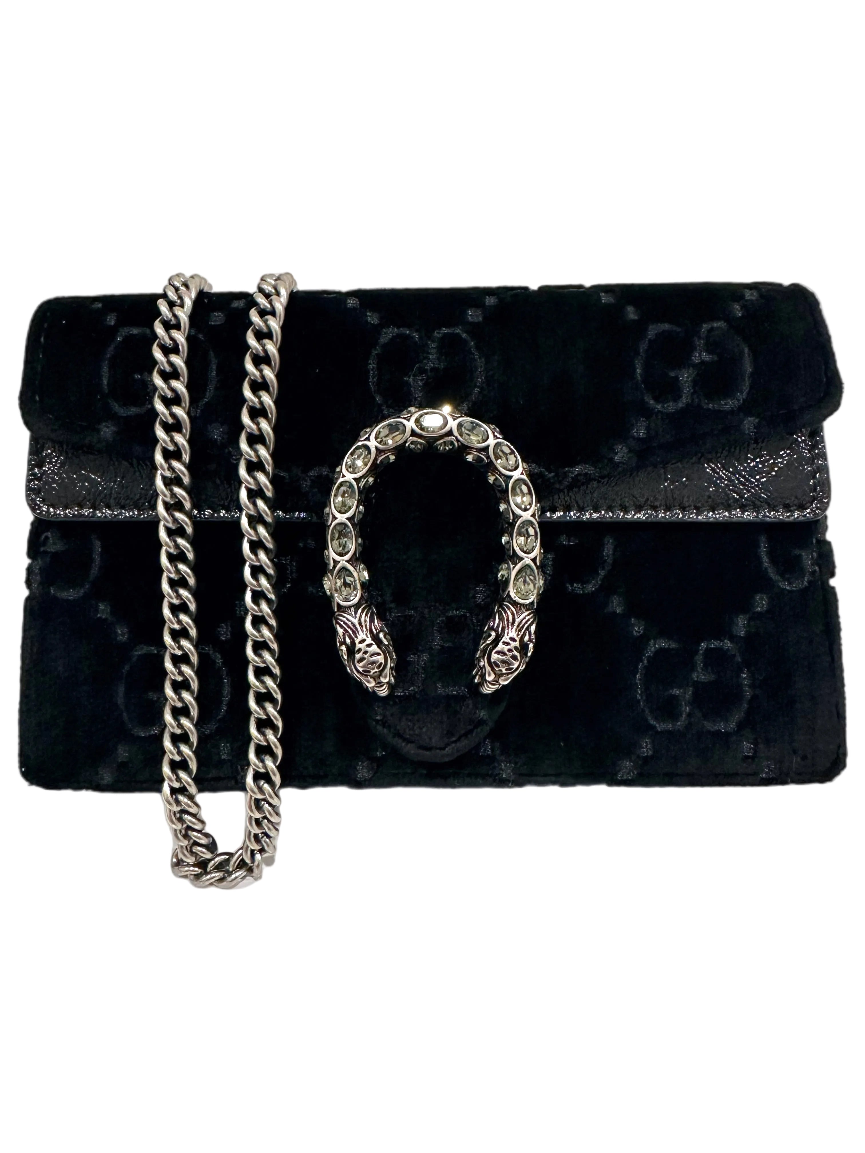 Pre-Owned Gucci GG Black Velvet Crystal Dionysus Super Mini Bag