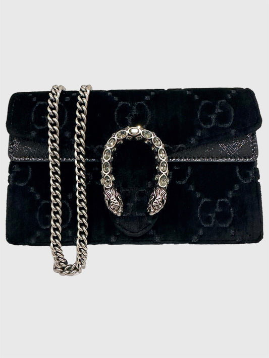 Gucci GG Black Velvet Crystal Dionysus Super Mini Bag