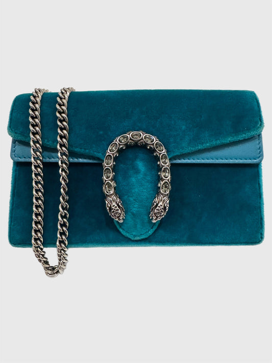 Gucci Teal Velvet Crystal Dionysus Super Mini Bag