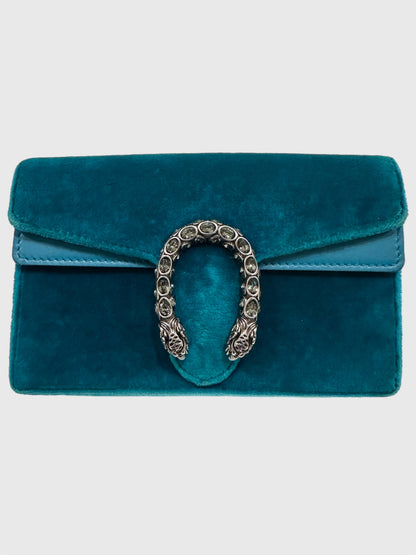 Gucci Teal Velvet Crystal Dionysus Super Mini Bag