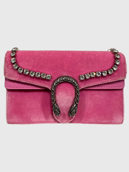 Gucci Pink Velvet Crystal Dionysus Super Mini Bag