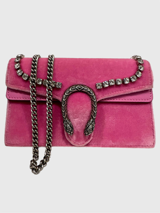 Gucci Pink Velvet Crystal Dionysus Super Mini Bag