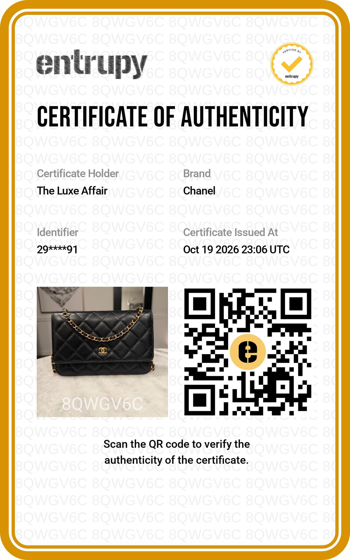 Pre-Owned Chanel Classic Wallet on Chain WOC Black Quilted Caviar Leather Gold Hardware