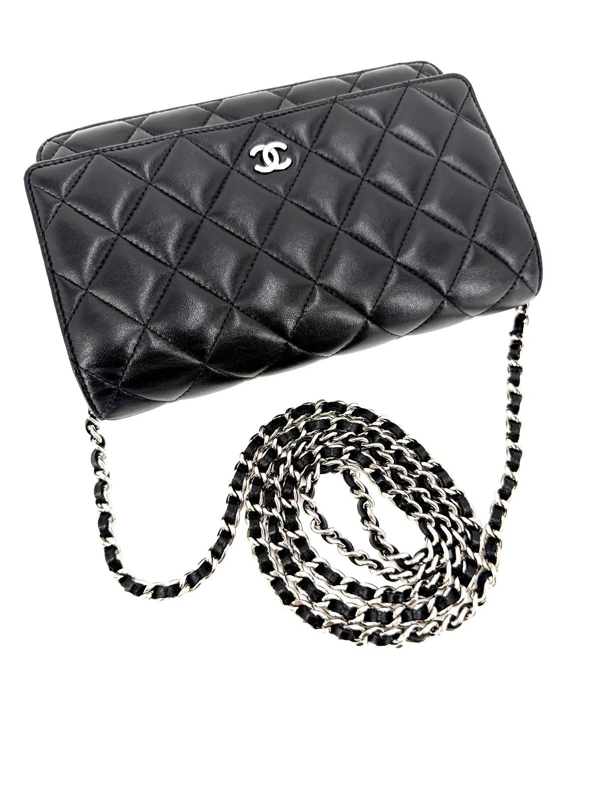 Pre-Owned Chanel Classic Wallet on Chain WOC Black Quilted Lambskin Leather Silver Hardware