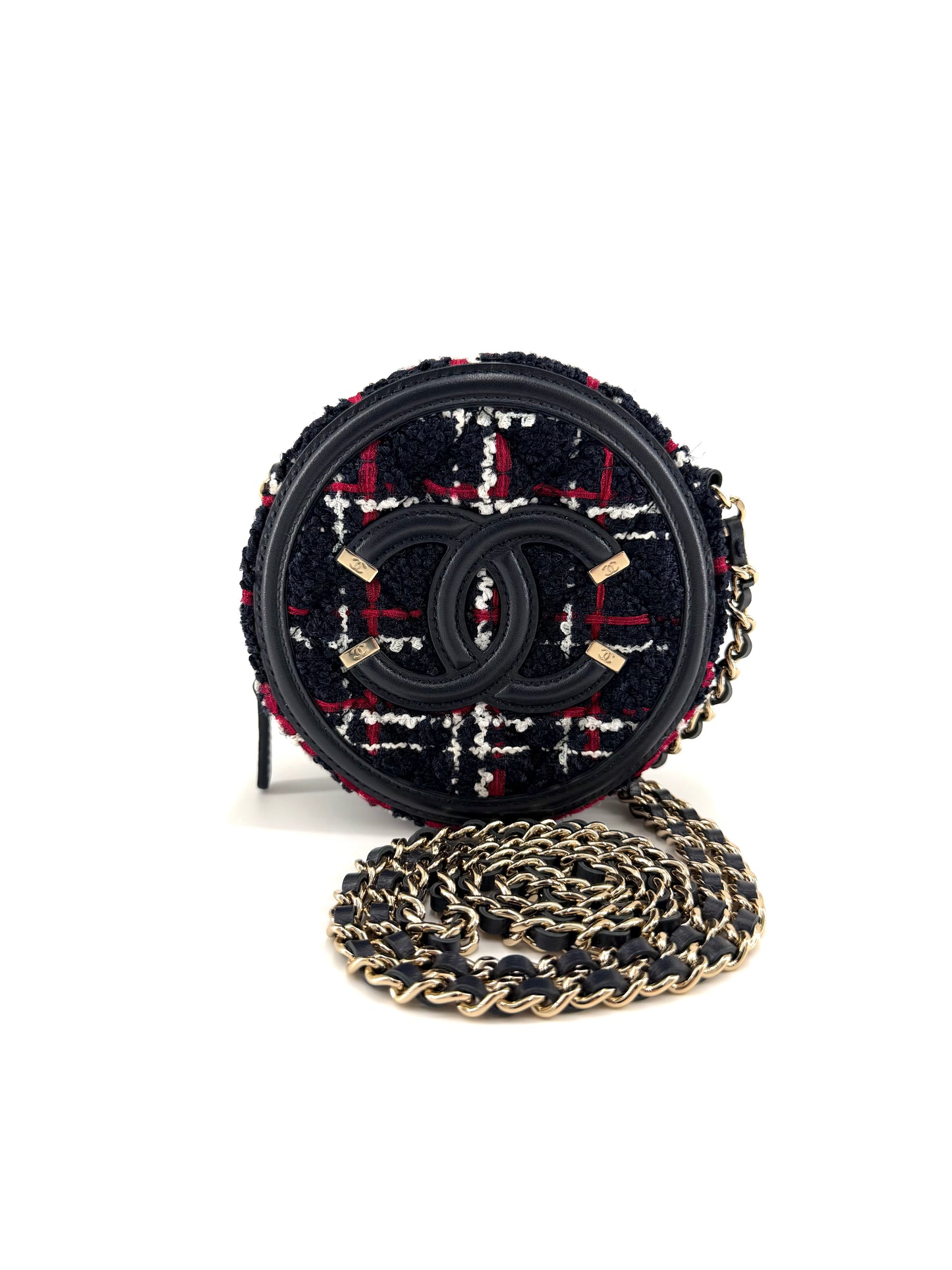 Chanel Tweed Filigree Round Navy, Red, and White Clutch Crossbody