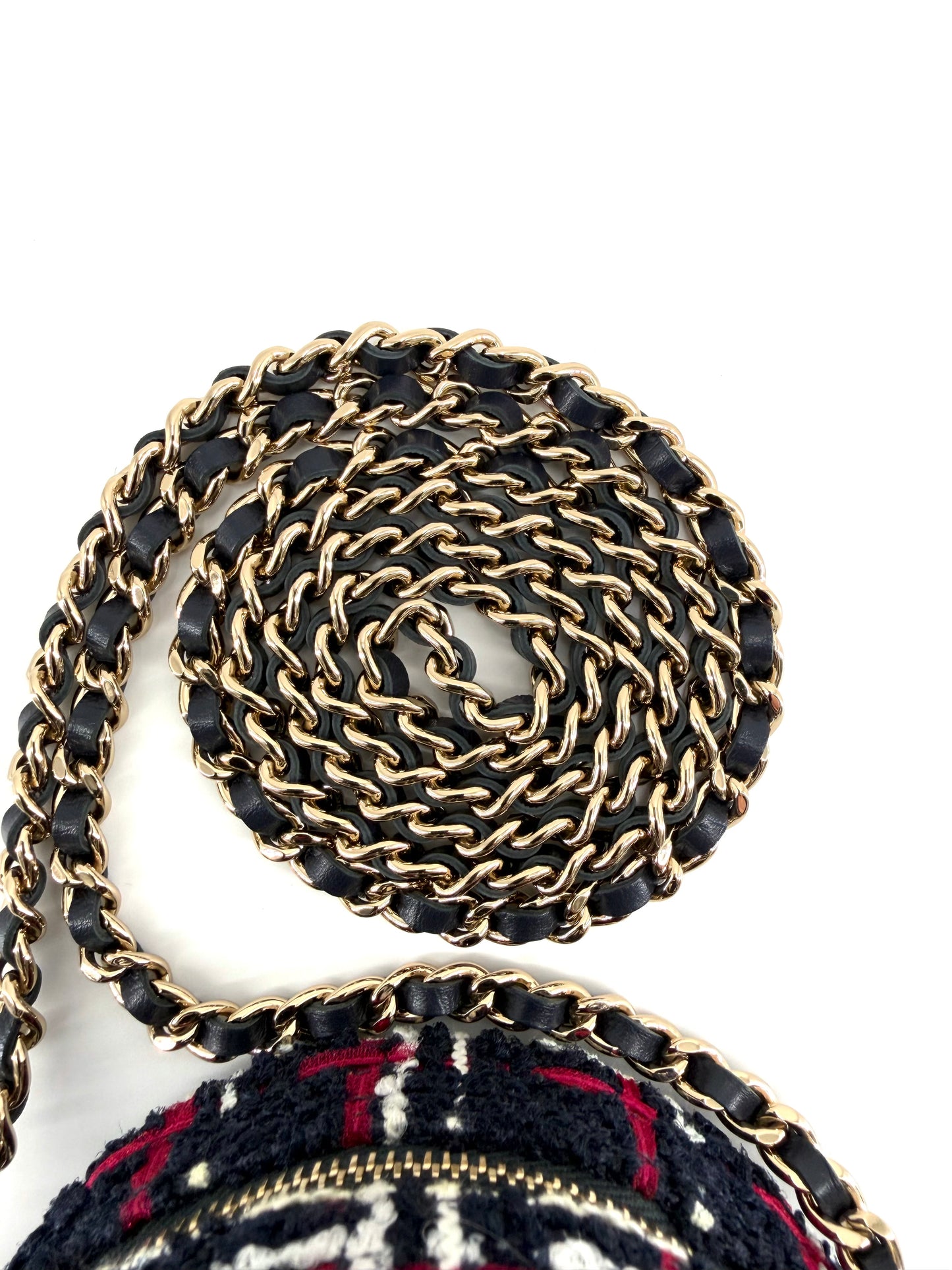 Chanel Tweed Filigree Round Navy, Red, and White Clutch Crossbody