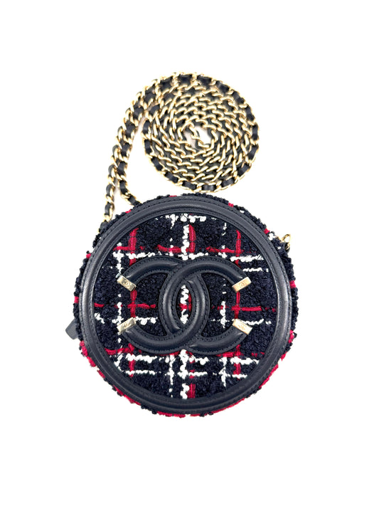Chanel Tweed Filigree Round Navy, Red, and White Clutch Crossbody