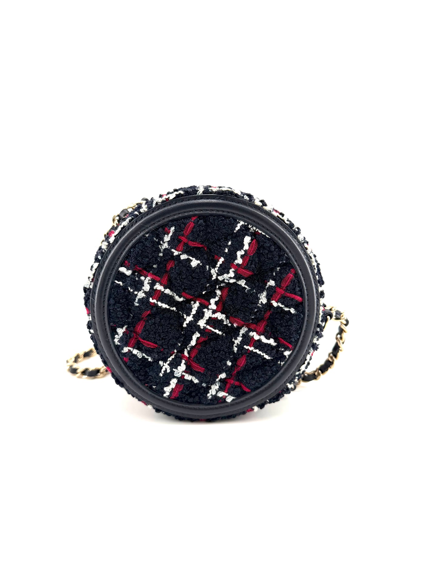Chanel Tweed Filigree Round Navy, Red, and White Clutch Crossbody
