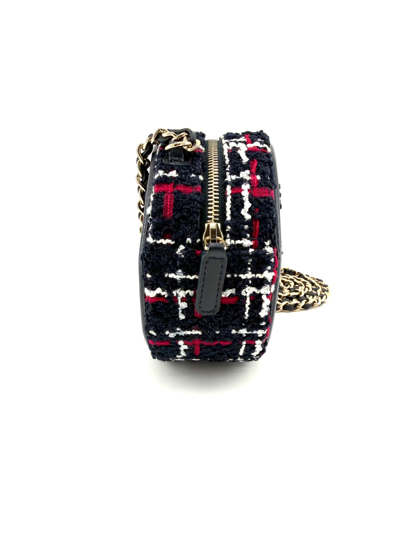 Chanel Tweed Filigree Round Navy, Red, and White Clutch Crossbody