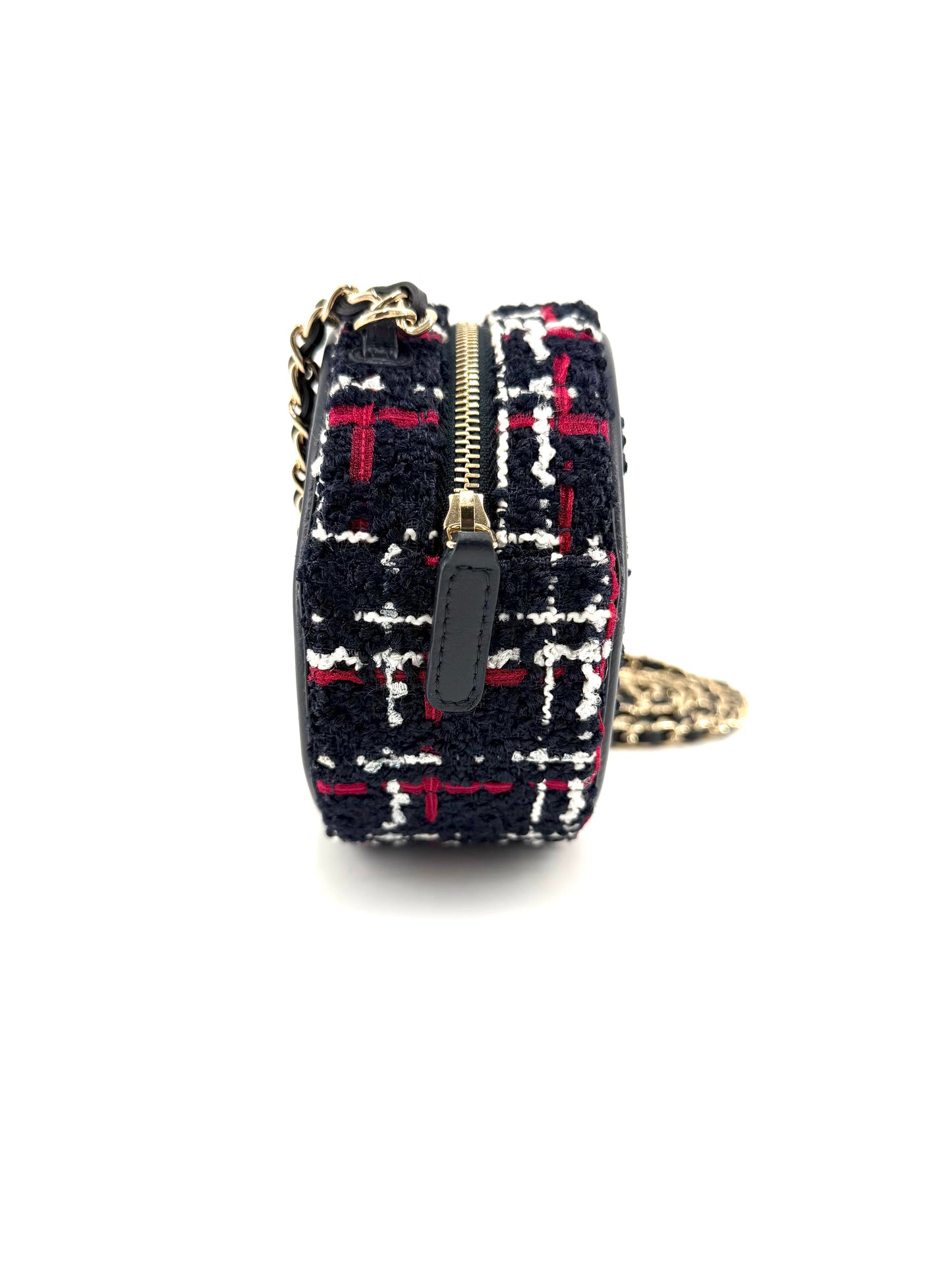 Chanel Tweed Filigree Round Navy, Red, and White Clutch Crossbody