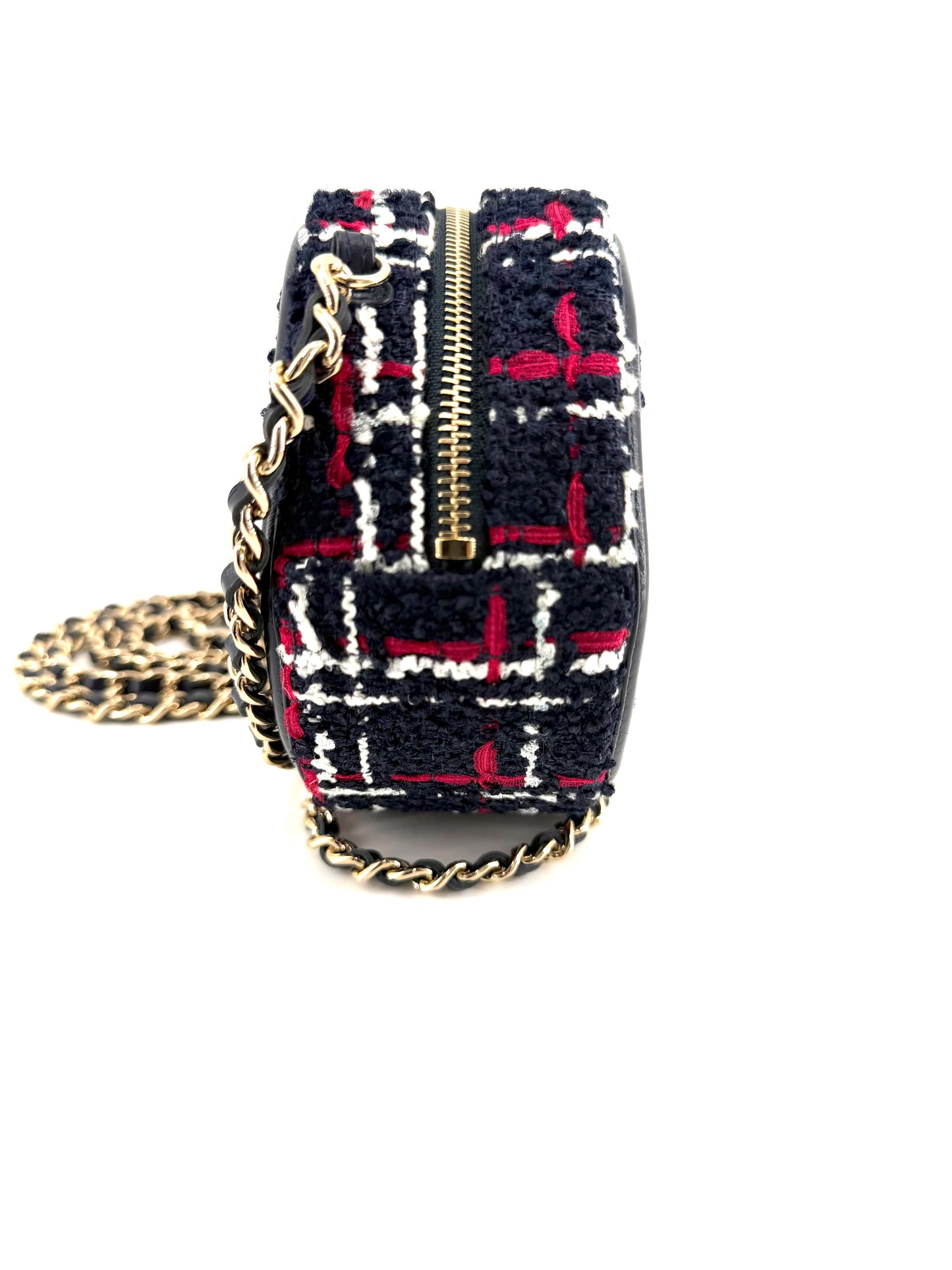Chanel Tweed Filigree Round Navy, Red, and White Clutch Crossbody