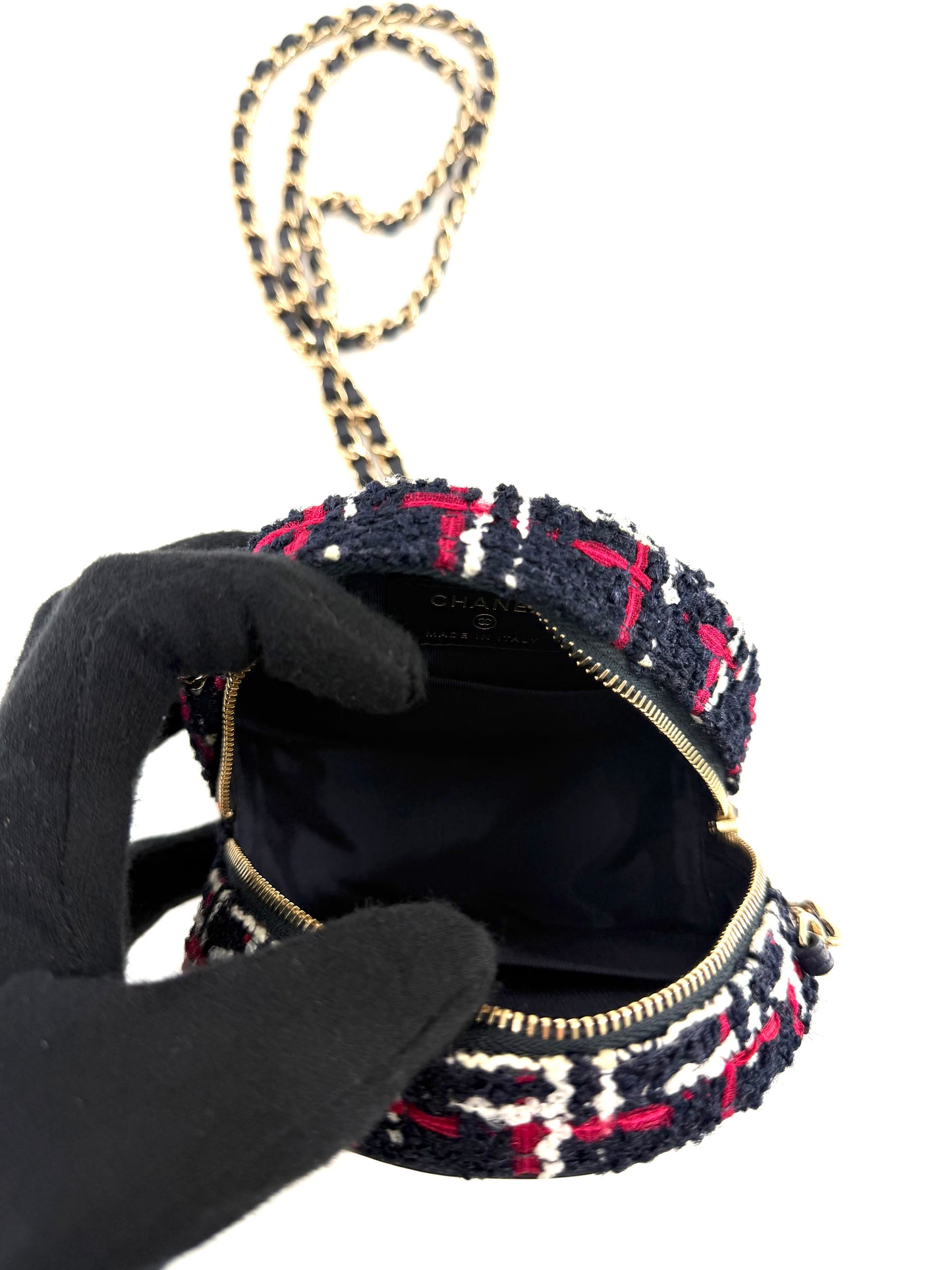 Chanel Tweed Filigree Round Navy, Red, and White Clutch Crossbody