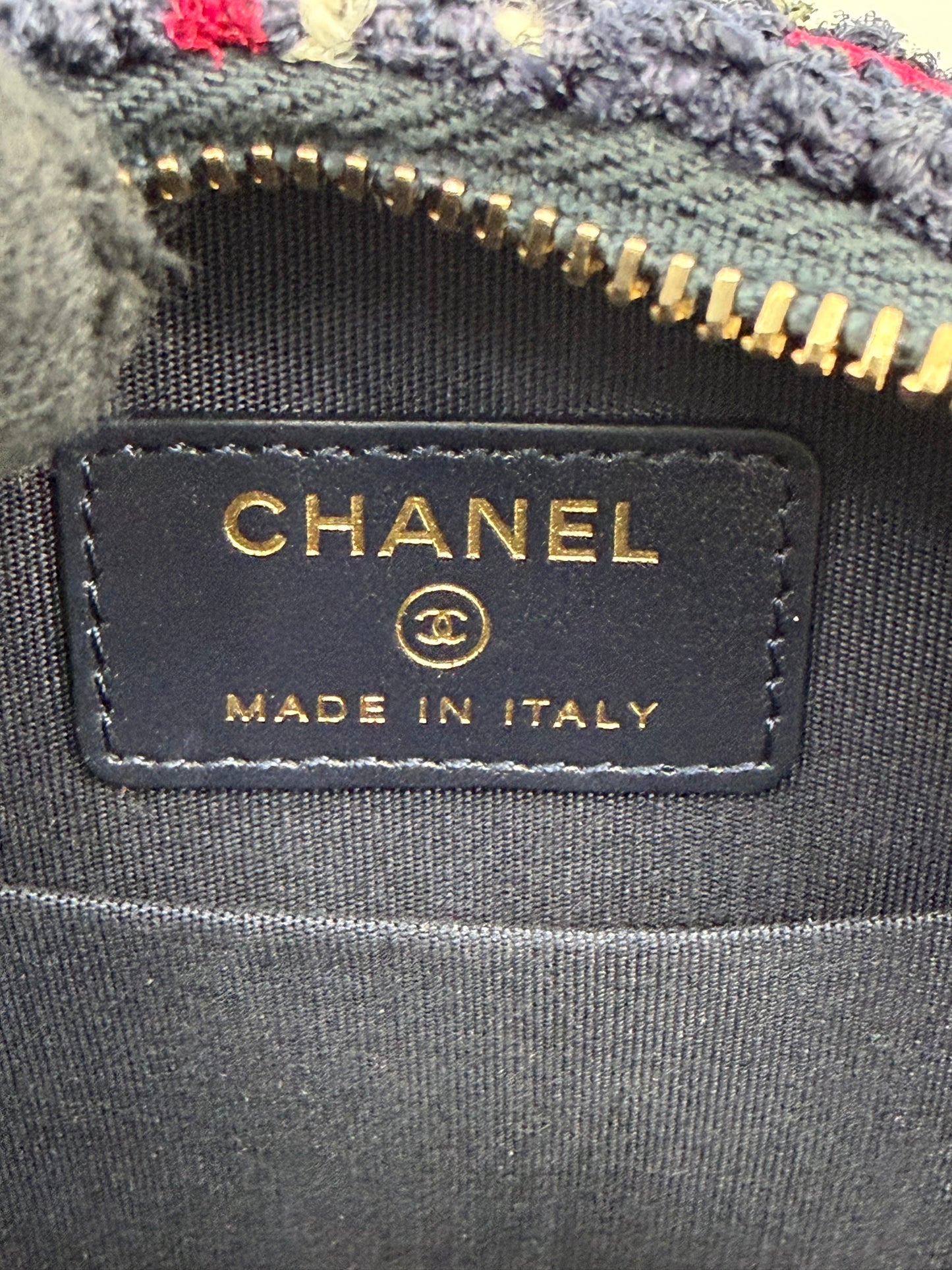 Chanel Tweed Filigree Round Navy, Red, and White Clutch Crossbody