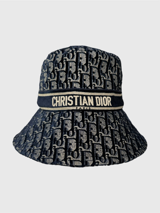 Dior Velvet Oblique Large Brim Bucket Hat Bleu Marine Size 58cm