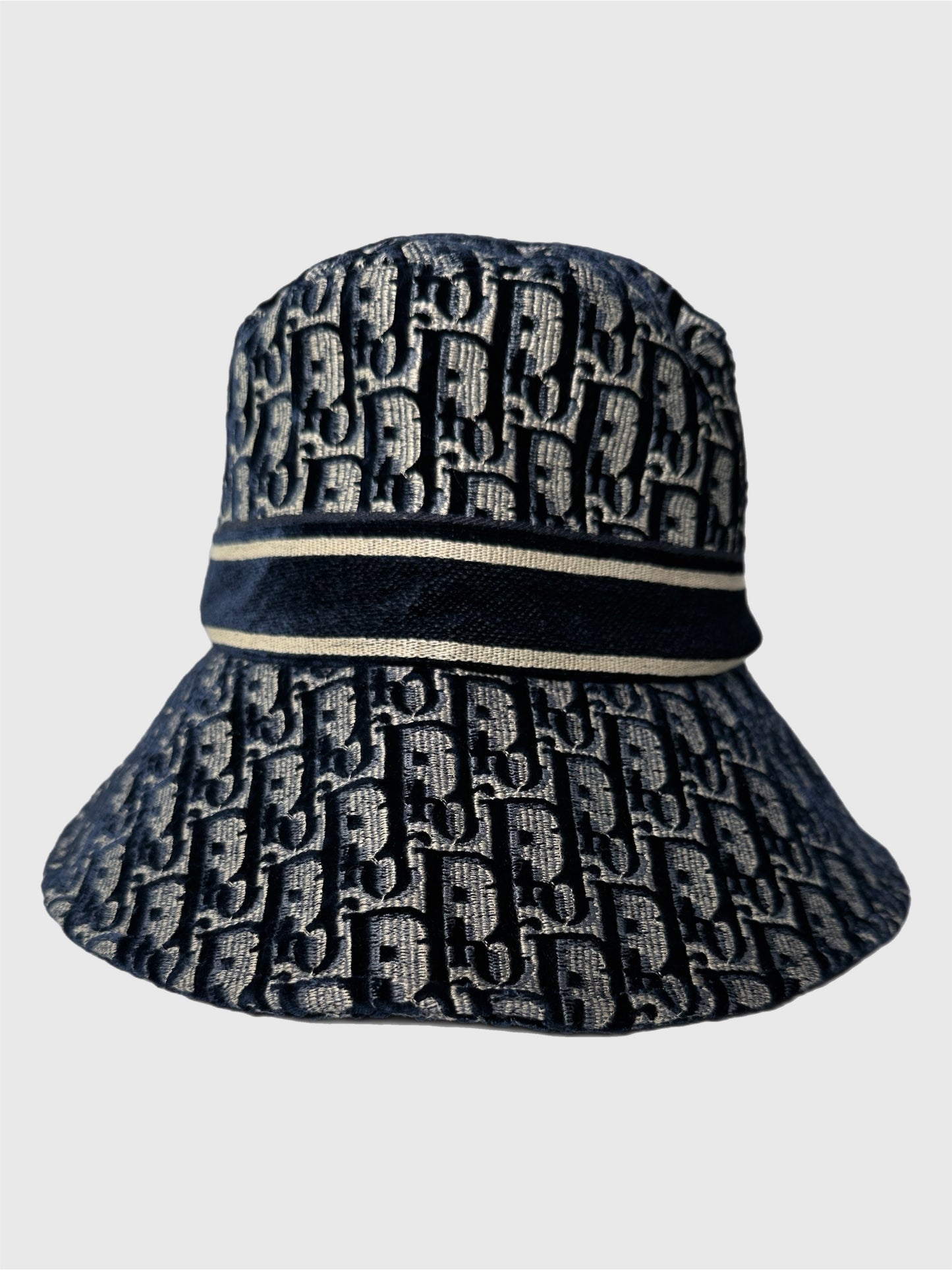 Dior Velvet Oblique Large Brim Bucket Hat Bleu Marine Size 58cm