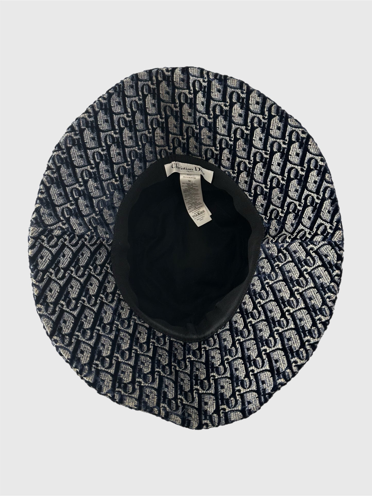 Dior Velvet Oblique Large Brim Bucket Hat Bleu Marine Size 58cm