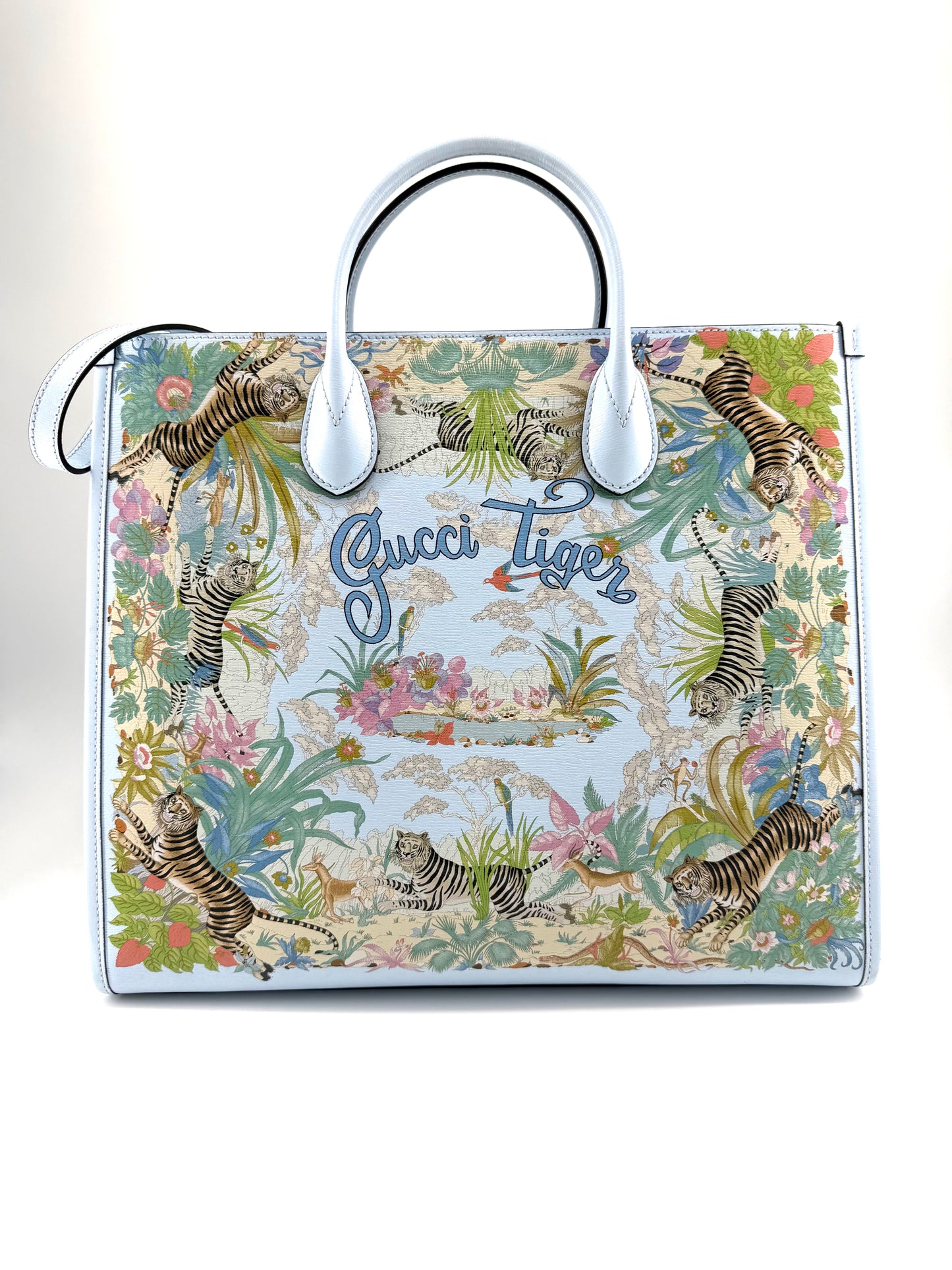 Gucci Tiger Blue Leather Canvas Tote Bag with Shoulder Strap