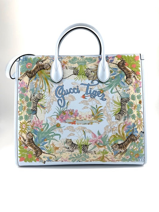 Gucci Tiger Blue Leather Canvas Tote Bag with Shoulder Strap