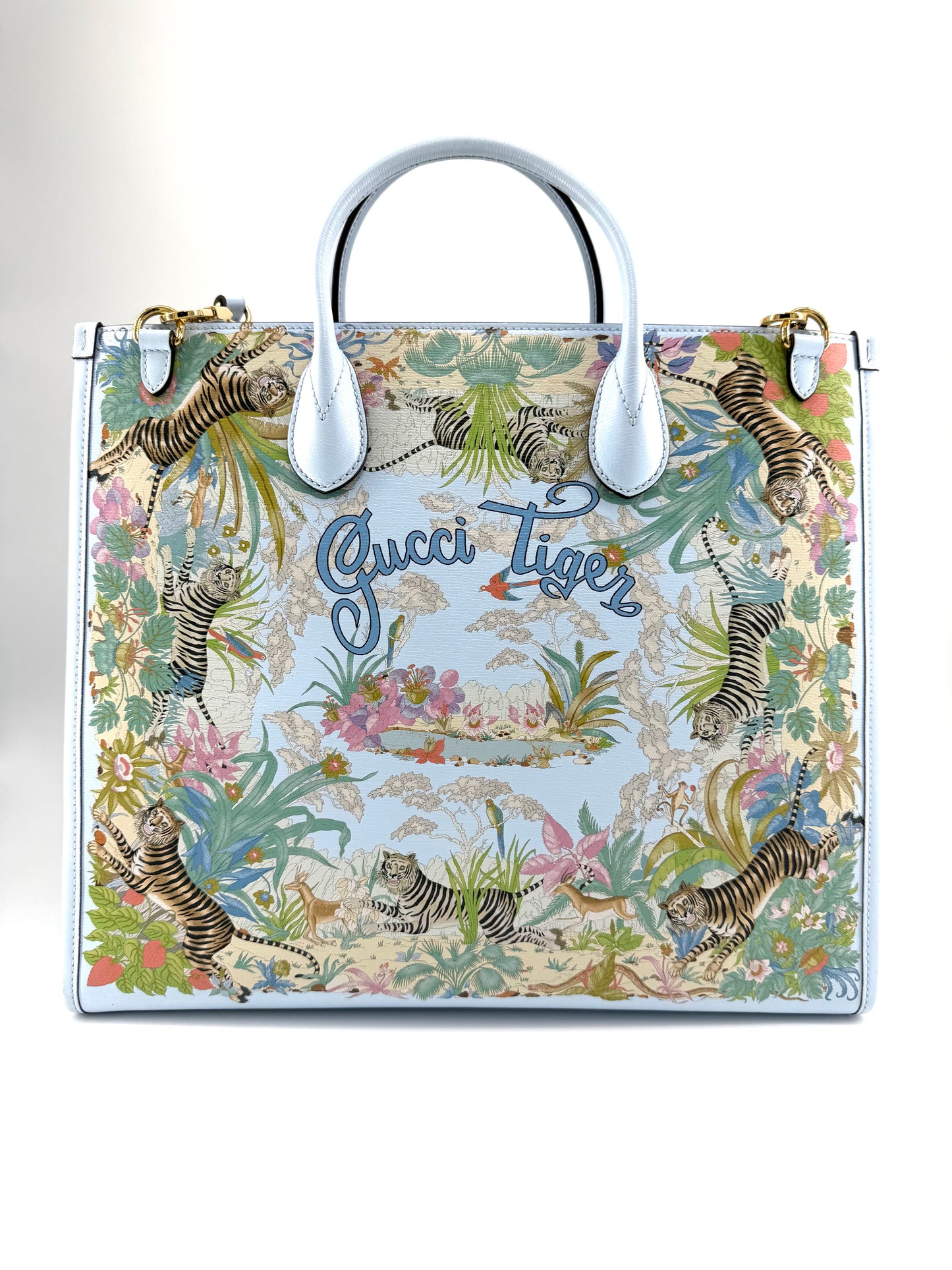 Gucci Tiger Blue Leather Canvas Tote Bag with Shoulder Strap