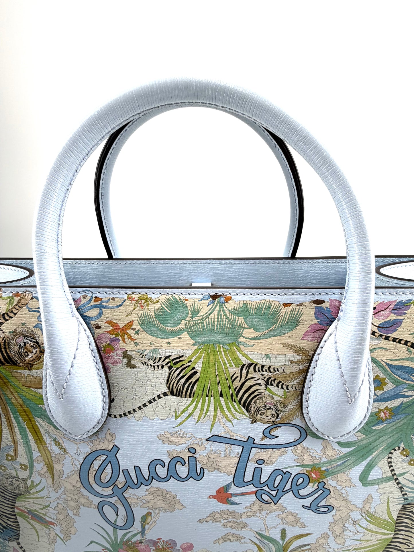 Gucci Tiger Blue Leather Canvas Tote Bag with Shoulder Strap