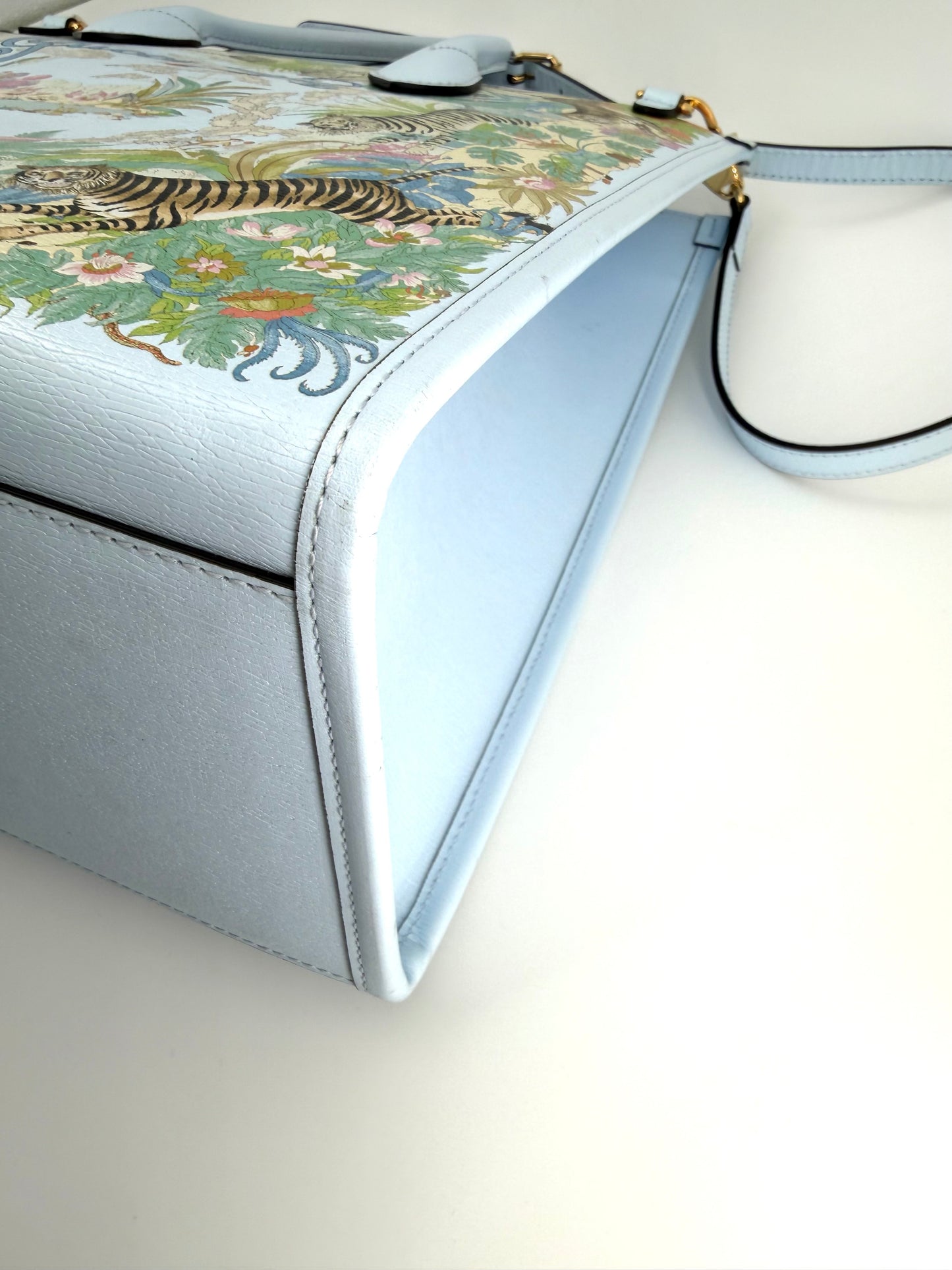 Gucci Tiger Blue Leather Canvas Tote Bag with Shoulder Strap