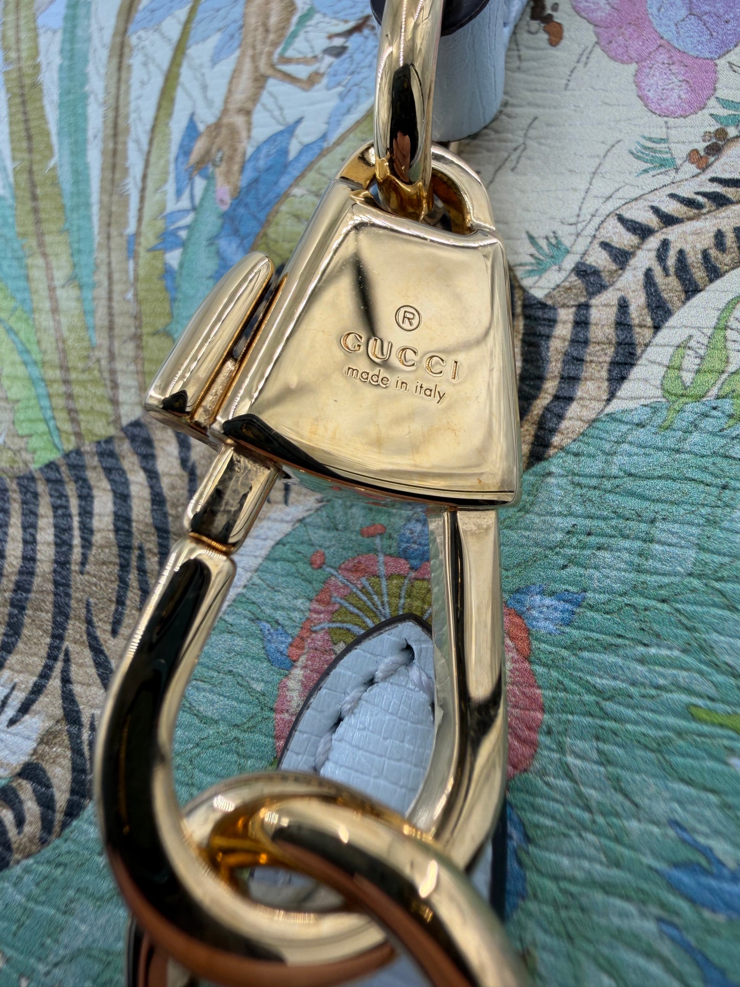 Gucci Tiger Blue Leather Canvas Tote Bag with Shoulder Strap