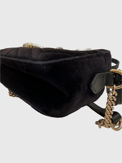 Gucci GG Marmont Black Velvet Crystal Crossbody Camera Bag