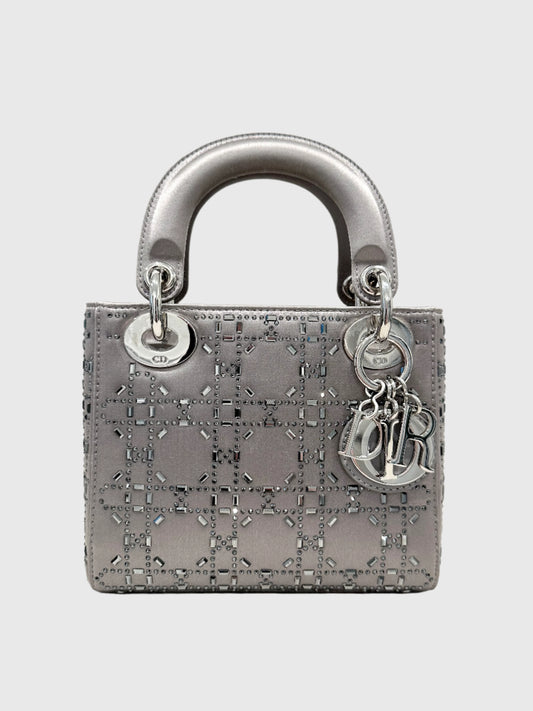 Christian Dior Gray Satin Crystal Cannage Mini Lady Dior Crossbody Bag