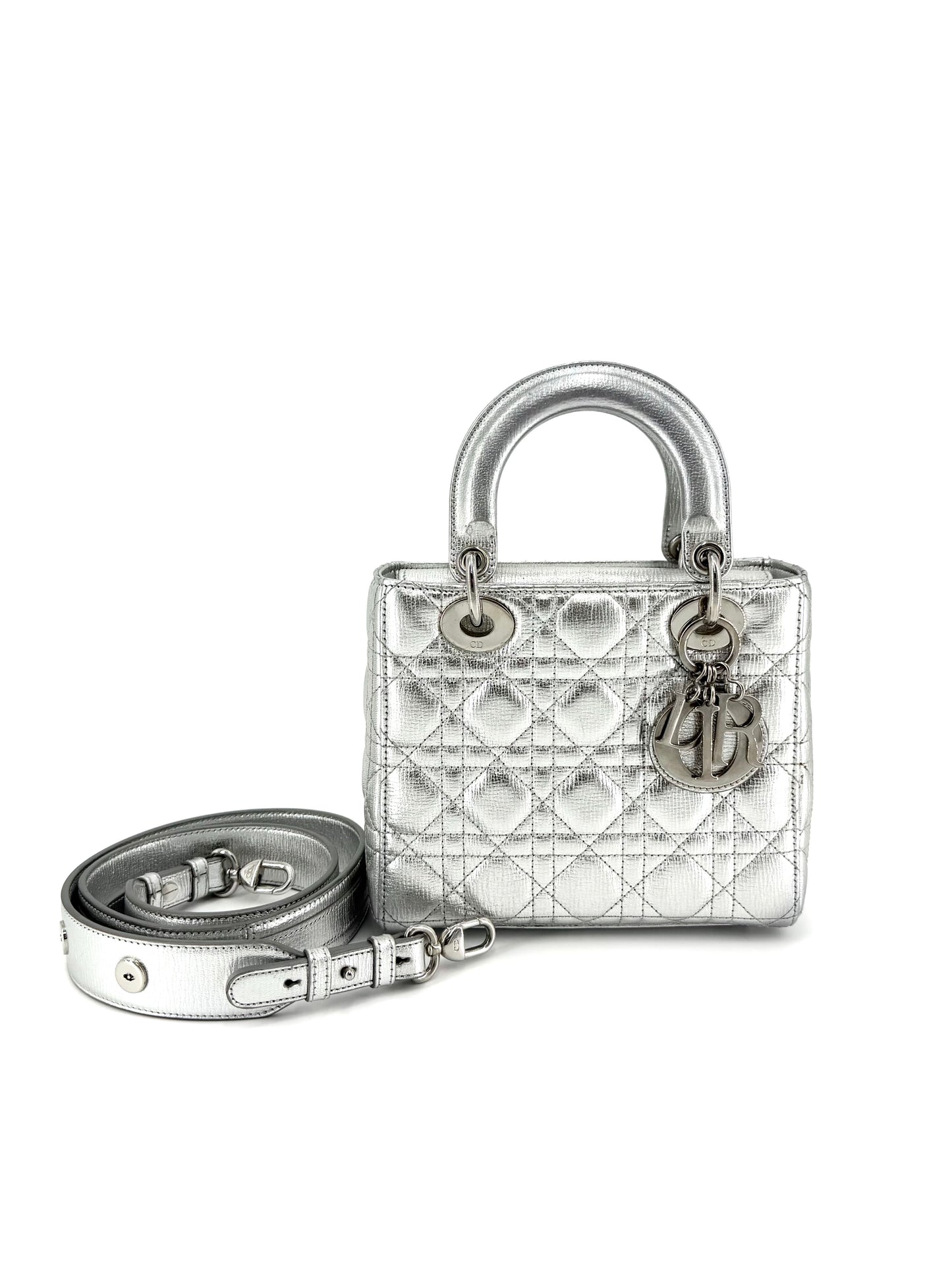 Pre-Owned Dior Lady Dior Silver Metallic Small Crossbody Bag
