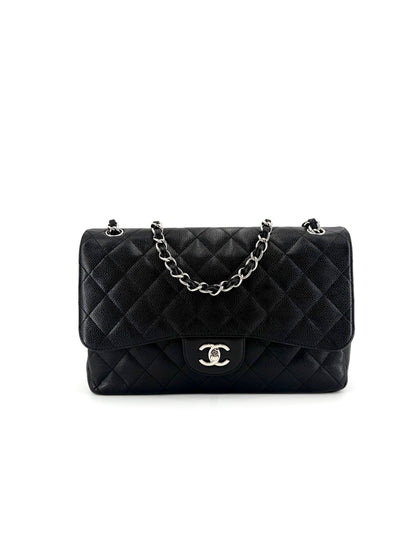 Pre-Owned Chanel Double Flap Quilted Caviar Leather Jumbo Shoulder Bag