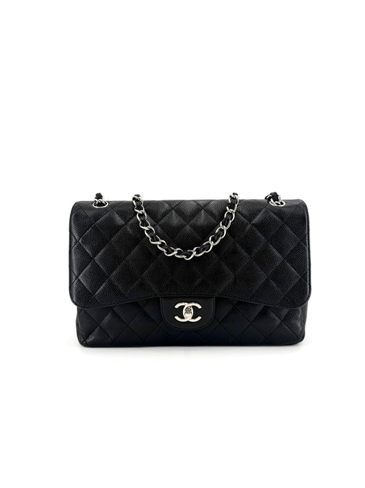 Pre-Owned Chanel Double Flap Quilted Caviar Leather Jumbo Shoulder Bag
