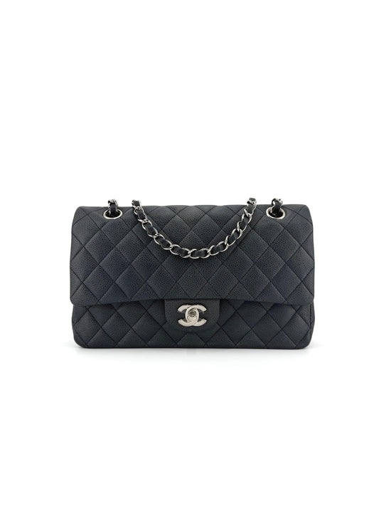 Pre-Owned Chanel Medium Double Flap Gray Quilted Caviar Leather Bag