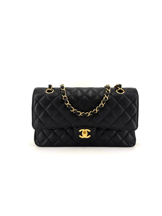 Pre-Owned Chanel Double Flap Black Quilted Caviar Leather with Gold Hardware