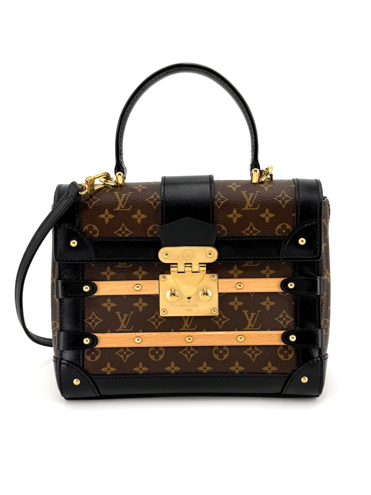 Pre-owned Louis Vuitton Trianon PM Monogram trunk bag with black leather trim, gold-tone hardware, top handle, and crossbody strap