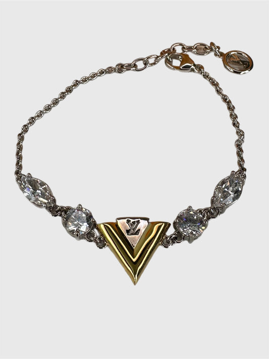 Louis Vuitton "V for Vuitton" Bracelet in Silver/Gold Tone with Crystals