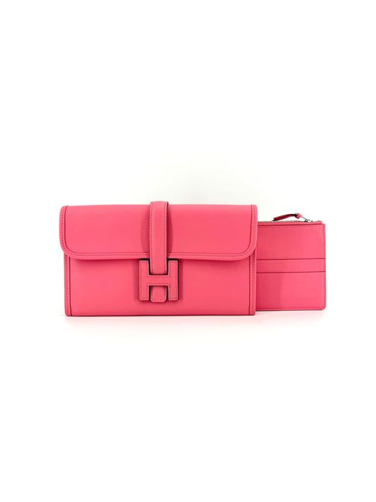 Pre-Owned Hermes Jige Duo 22 Rose Azalee Swift Leather Wallet/Clutch