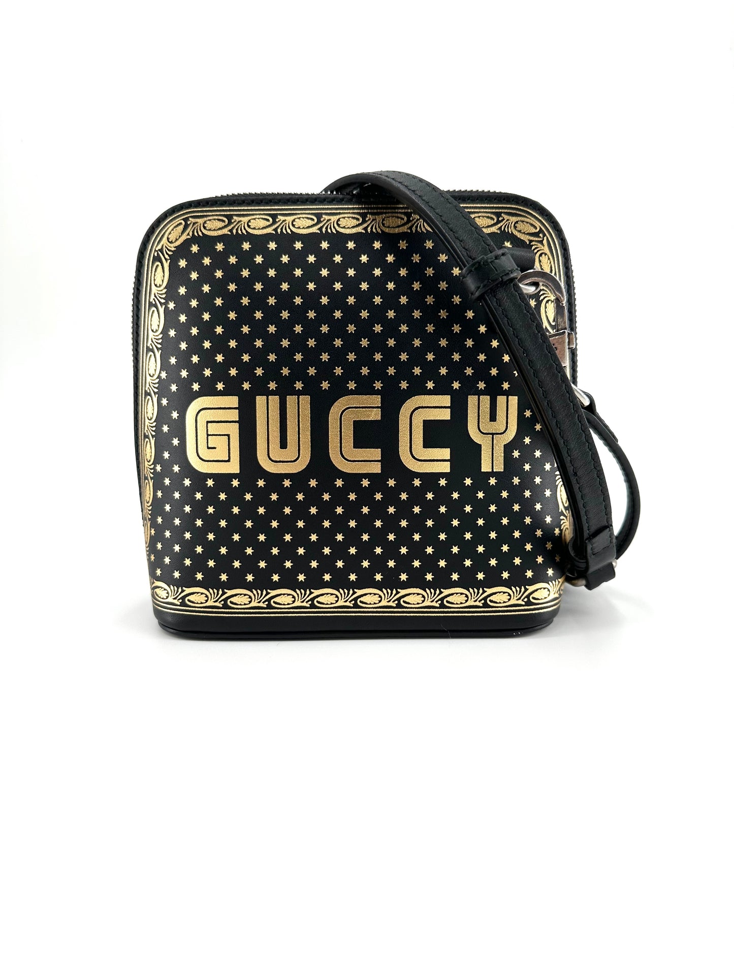 Gucci Black Leather Guccy Moon & Stars Dome Mini Crossbody Bag