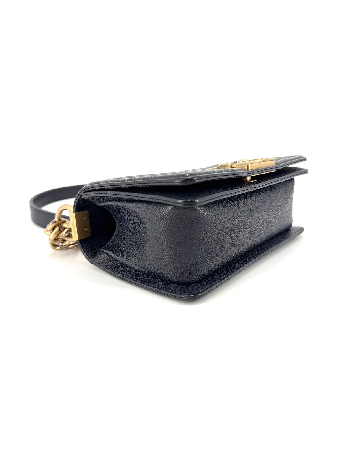 Pre-Owned Chanel Small Boy Dark Navy Caviar Leather Aged Gold Hardware