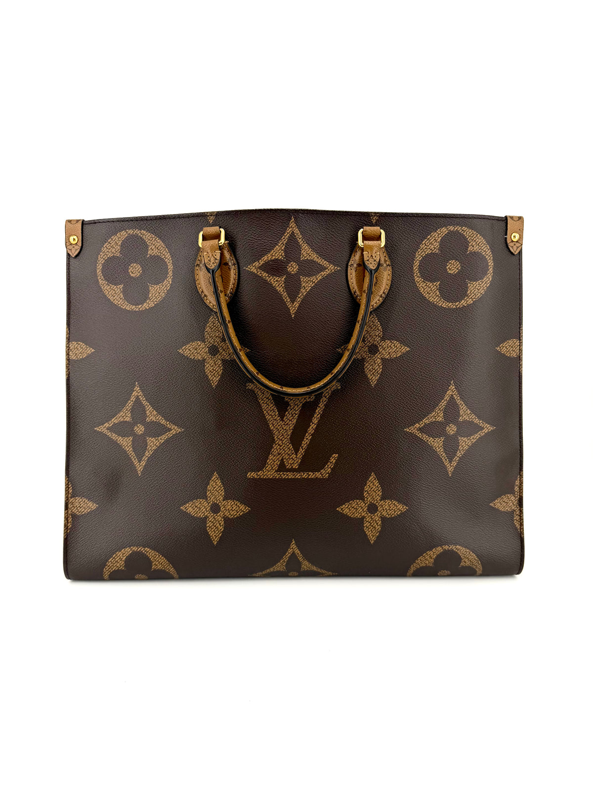 Pre-owned Louis Vuitton OnTheGo GM Reverse Monogram tote bag with Giant Monogram canvas, top handles, shoulder straps, and gold-tone hardware