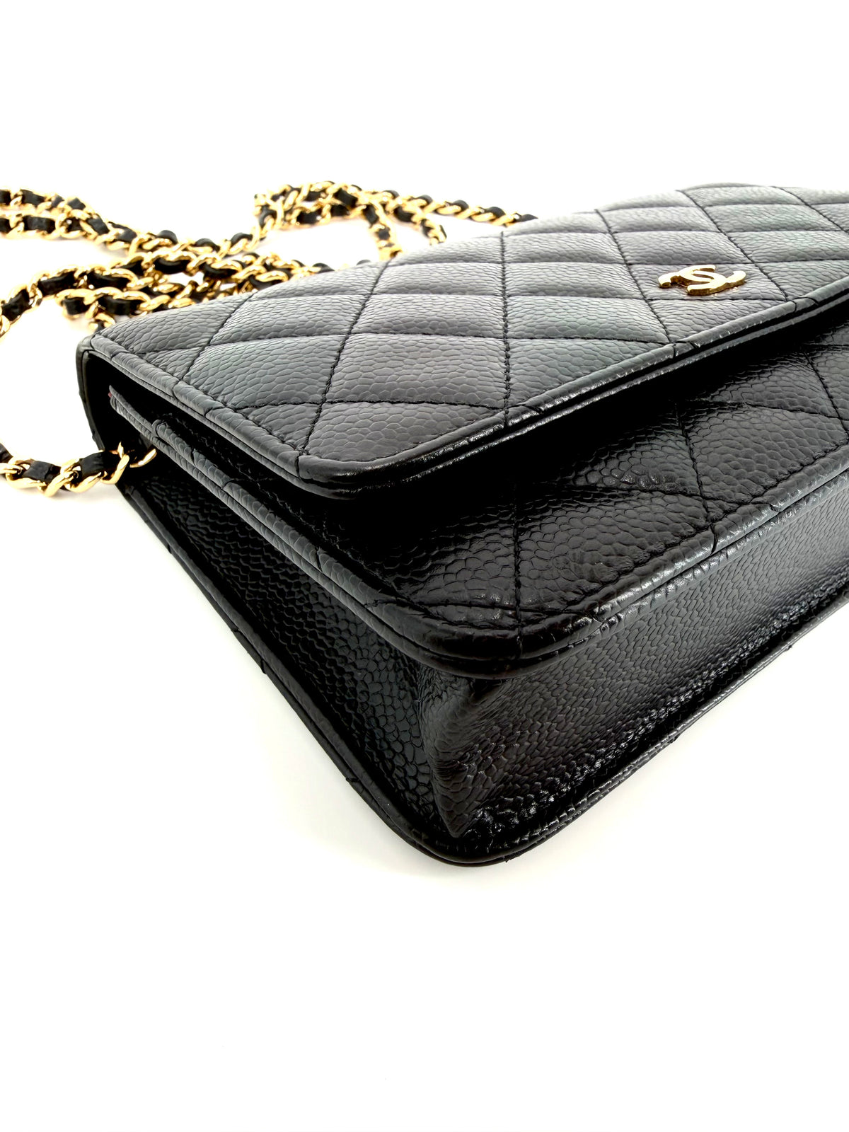Pre-Owned Chanel Classic Wallet on Chain (WOC) Black Quilted Caviar Leather Gold Hardware