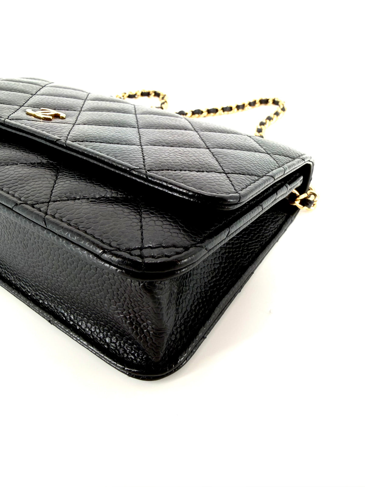 Pre-Owned Chanel Classic Wallet on Chain (WOC) Black Quilted Caviar Leather Gold Hardware