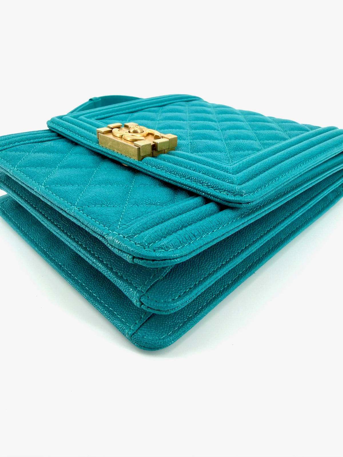 Pre-Owned Chanel Boy North South Turquoise Quilted Caviar Leather Bag Aged Gold Hardware