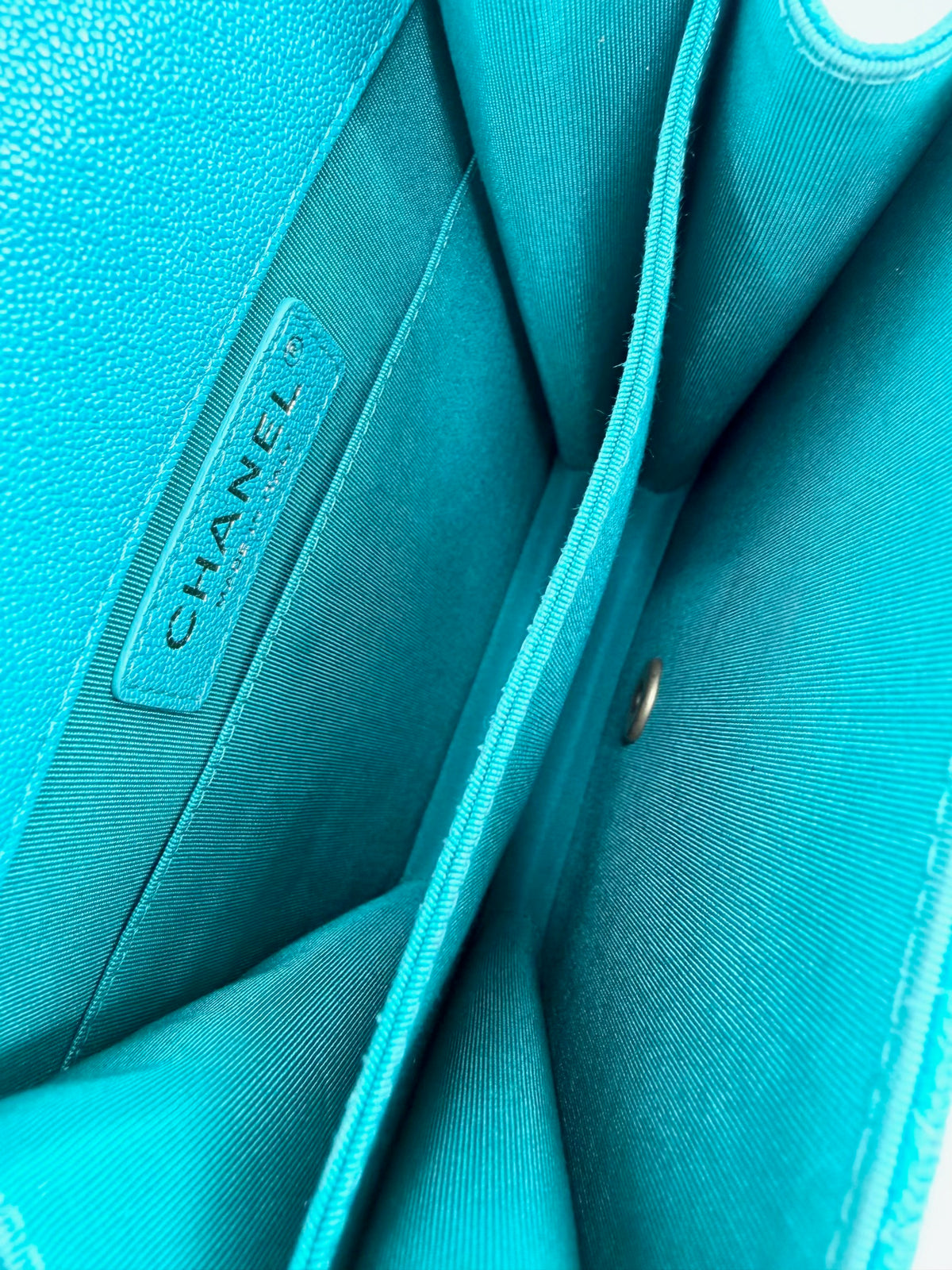 Pre-Owned Chanel Boy North South Turquoise Quilted Caviar Leather Bag Aged Gold Hardware
