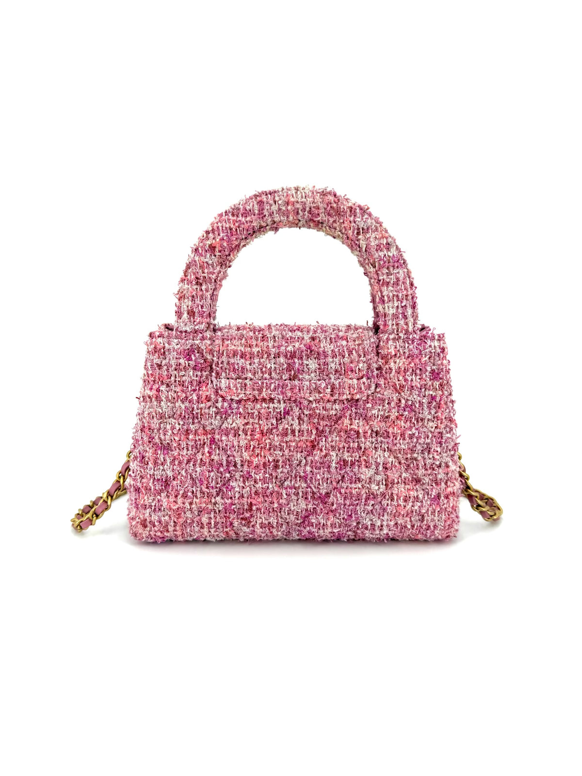 Pre-Owned Chanel Mini Kelly Pink Multicolor Tweed Top Handle Bag Gold Hardware