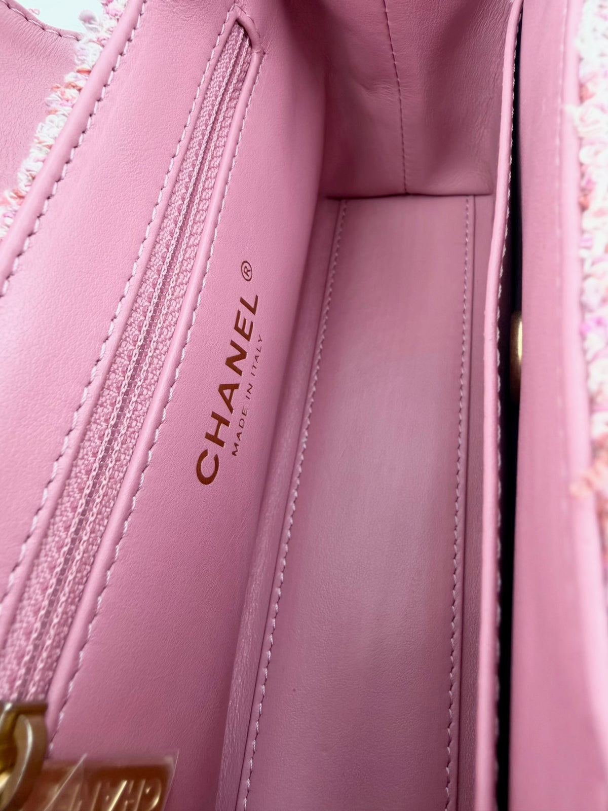 Pre-Owned Chanel Mini Kelly Pink Multicolor Tweed Top Handle Bag Gold Hardware