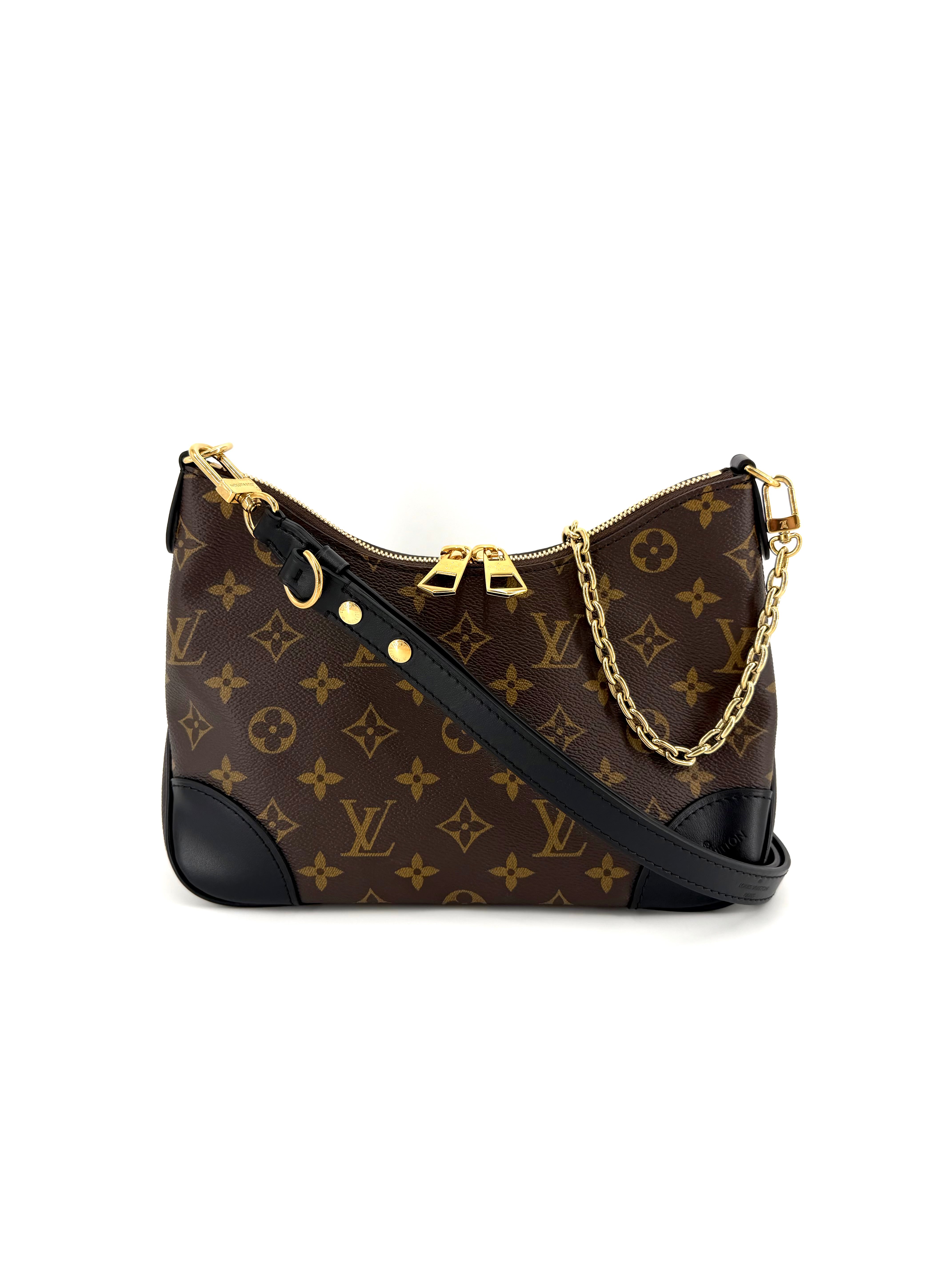 Louis Vuitton Boulogne PM, LV Boulogne PM Monogram, Louis Vuitton Monogram crossbody bag, Louis Vuitton black trim bag, LV bag with removable chain, Louis Vuitton shoulder bag with strap, pre-owned Louis Vuitton Boulogne