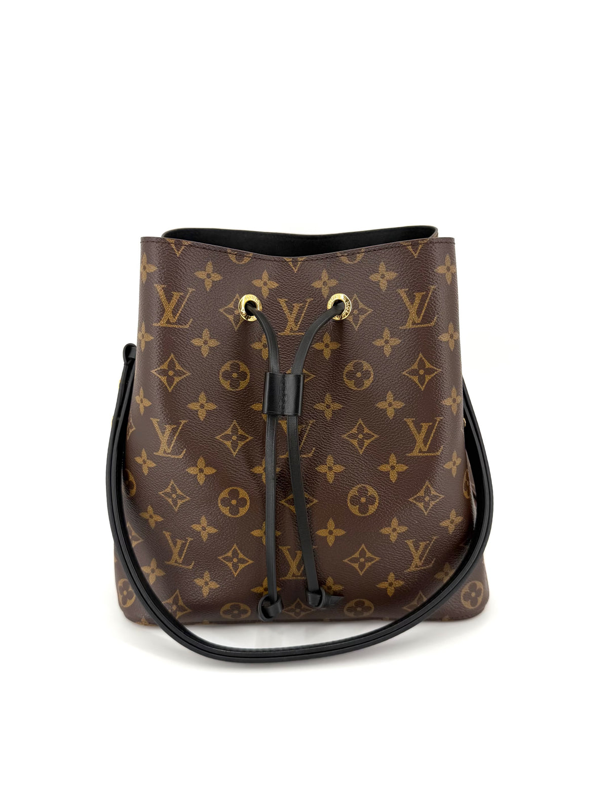 Authentic Louis Vuitton Néonoé MM bucket bag in brown Monogram canvas with black leather drawstring, matching black trim, gold-tone hardware, and black interior.