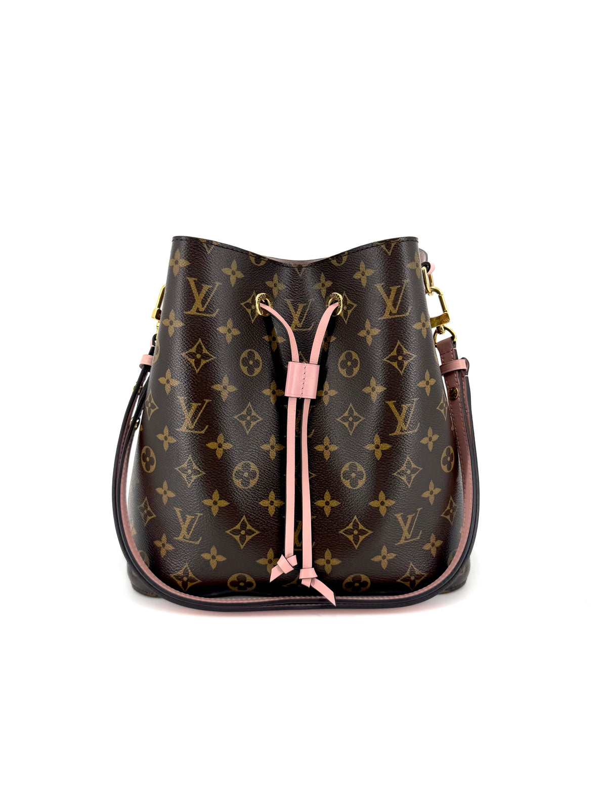 Authentic Louis Vuitton Néonoé MM bucket bag in brown Monogram canvas with pink leather drawstring, matching pink trim, gold-tone hardware, and pink interior.