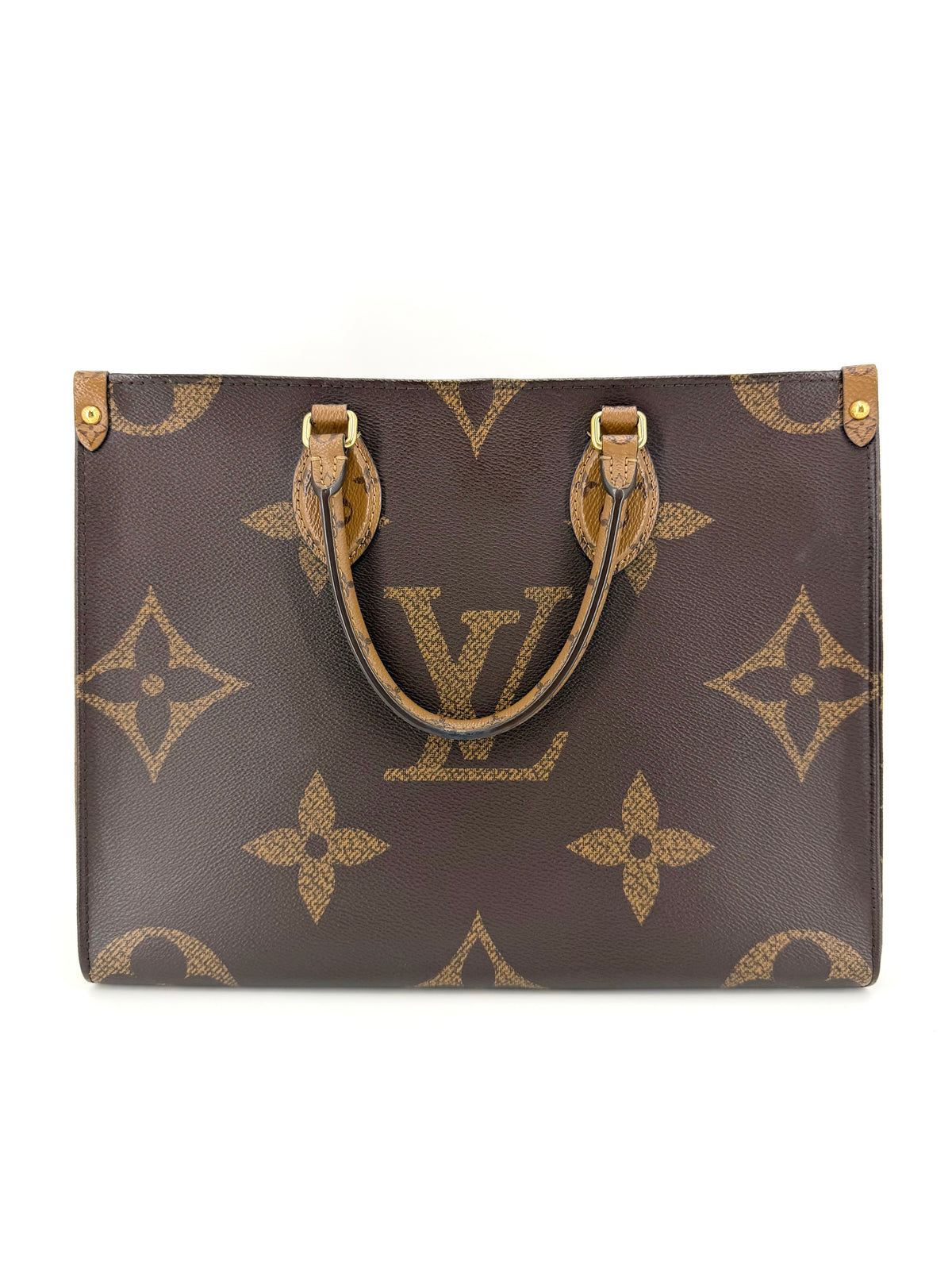 Authentic Louis Vuitton OnTheGo MM tote in Giant Reverse Monogram canvas with red interior, gold-tone hardware, and dual carrying handles.