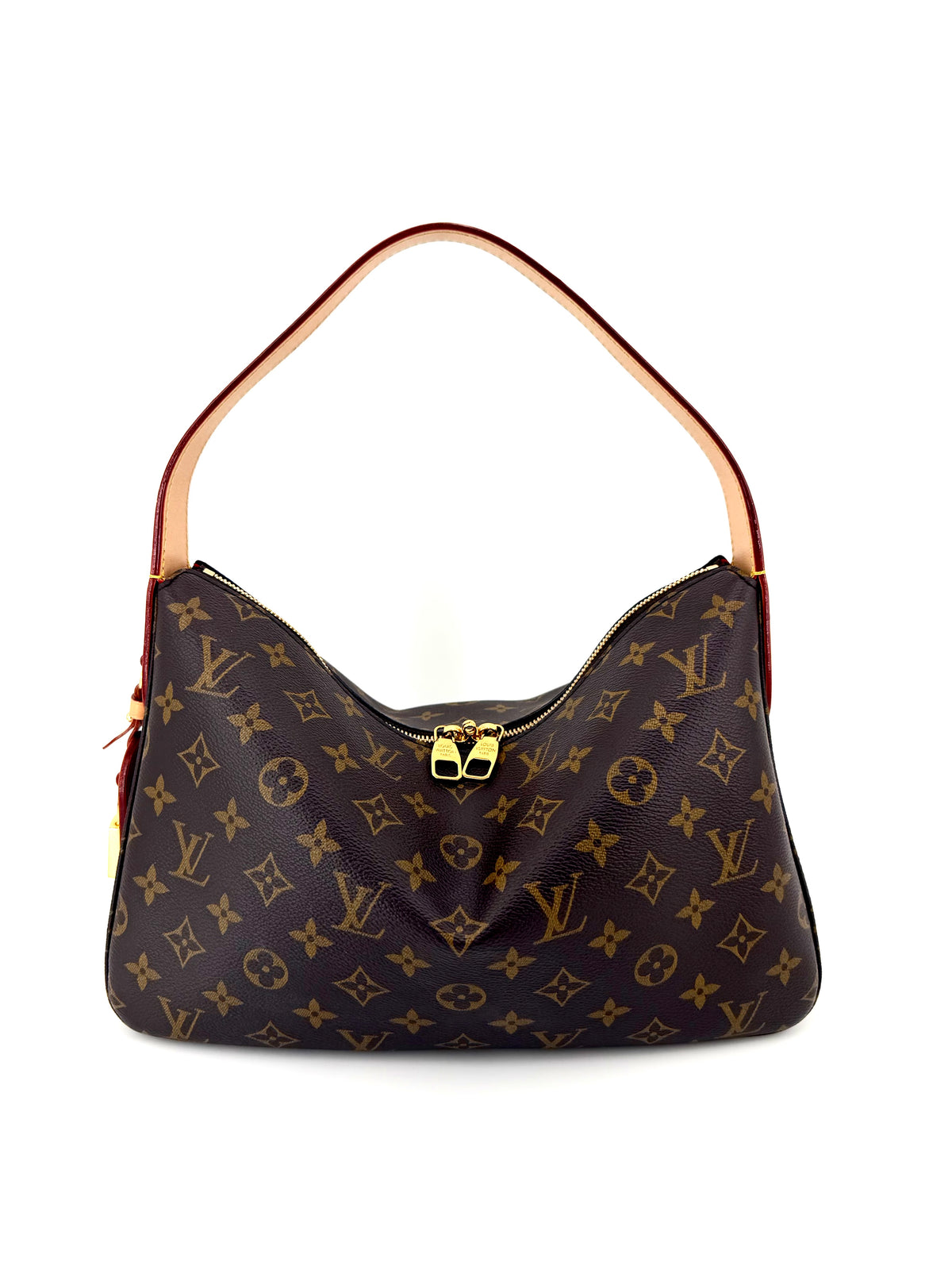 Authentic Louis Vuitton Slouchy PM hobo bag in brown Monogram canvas with natural vachetta leather shoulder strap, gold-tone hardware, and red interior.